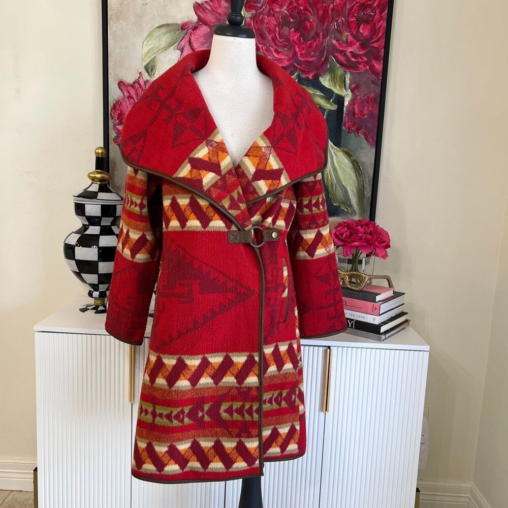 Tasha Polizzi Women's Prairie Blanket Southwestern Aztec Boho Coat Red Sz Medium